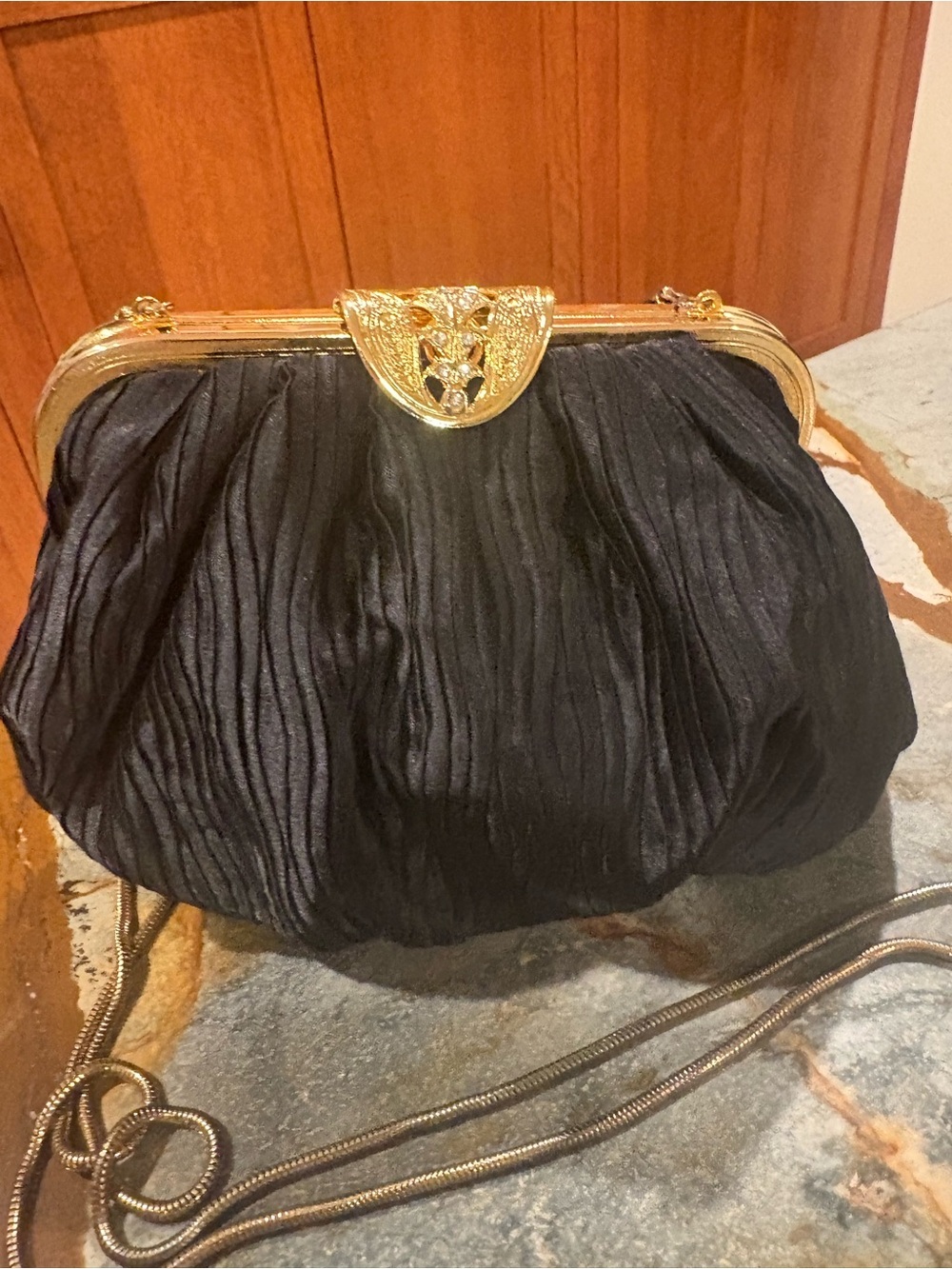 Stunning Carla Marchi Black Purse Satchel Gold Rhinestone Clasp Snake Chain